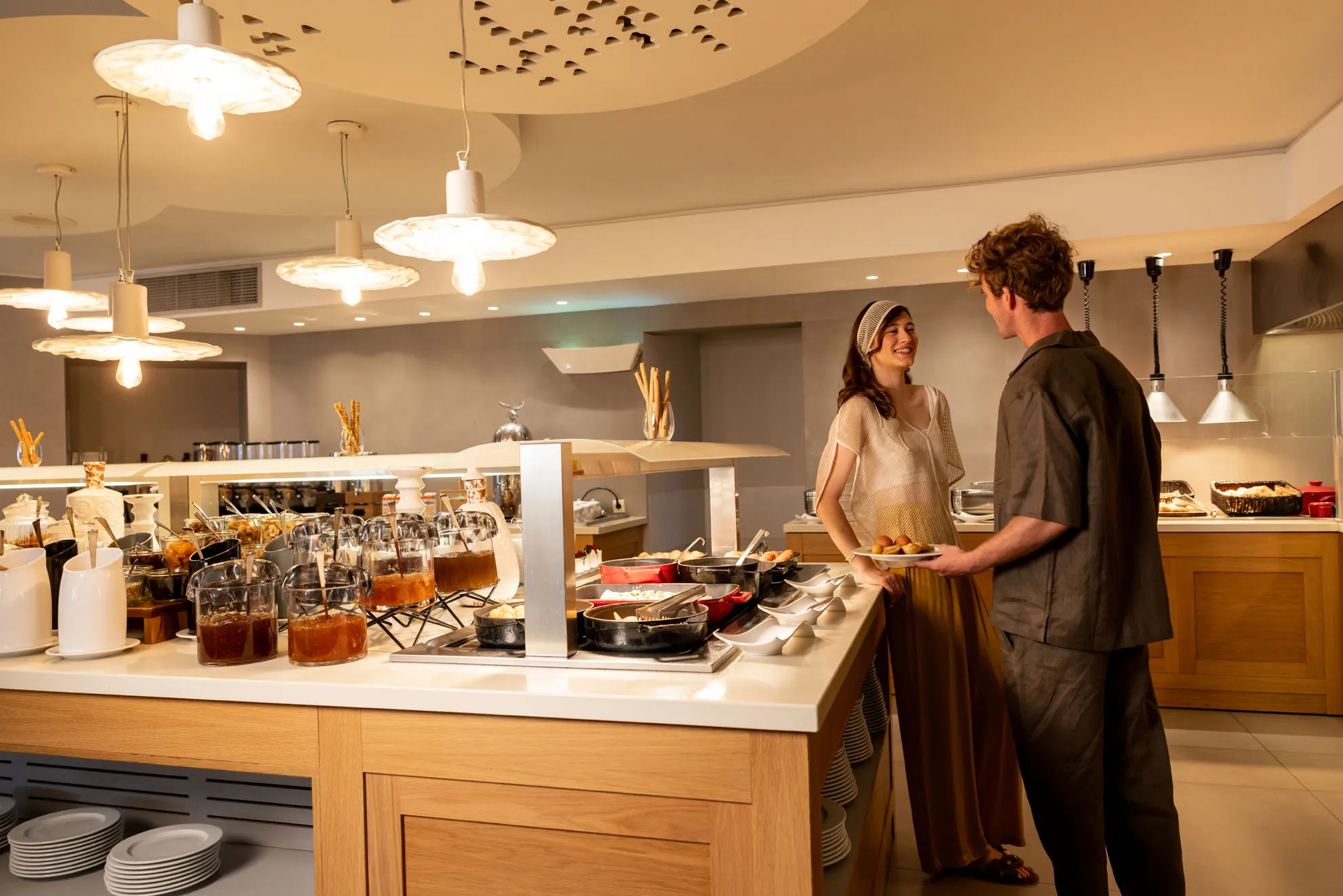 Cretan gastronomy, restaurant buffet dishes and cocktail lounge at Nefeli Hotel