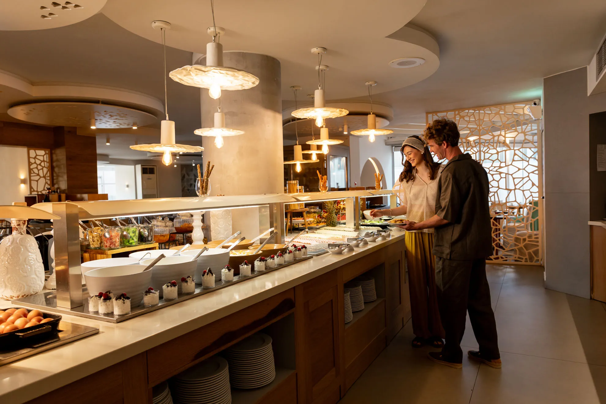 Cretan gastronomy, restaurant buffet dishes and cocktail lounge at Nefeli Hotel